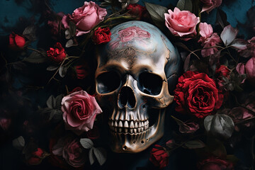 skull with roses in the background with a dark brown background, generative ai 