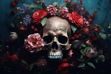 skull with roses in the background with a dark brown background, generative ai 