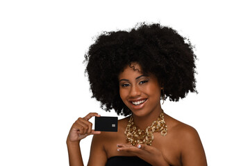 Smiling woman holding a black credit card, wearing an afro hairstyle and a gold necklace