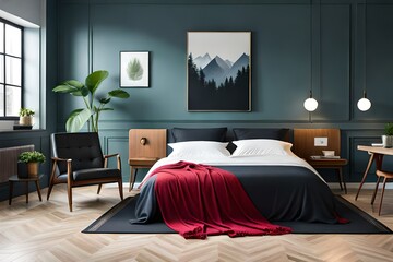 Armchair next to red bed with black blanket in bedroom interior with carpet and plants