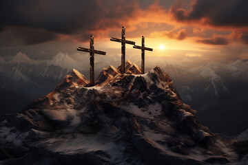 three crosses on a mountain top with a sunset, generative ai  - obrazy, fototapety, plakaty