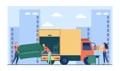Movers carrying sofa to truck vector illustration. People loading moving car with furniture, table, cardboard boxes, preparing to transport property to new house. Relocation, housing concept