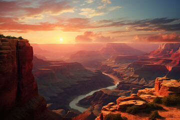 view of canyon at sunset, generative ai 