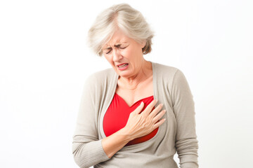 A senior woman clutching her chest and looking distressed