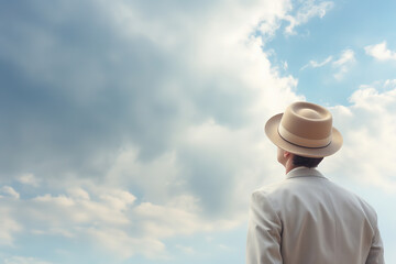 young man in a hat looking out into the sky with a cloud in the distance, generative ai