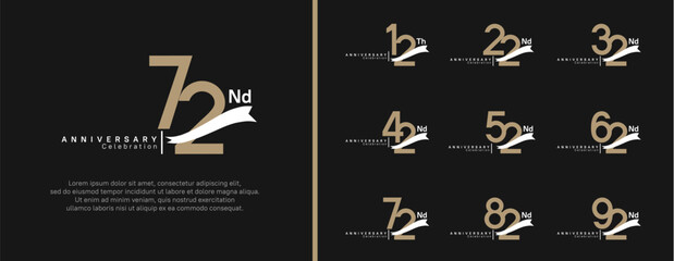 set of anniversary logo flat brown color number and white ribbon on black background for celebration - obrazy, fototapety, plakaty