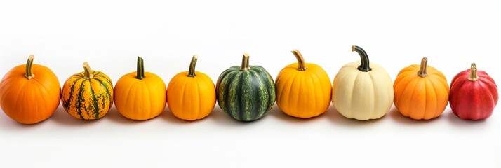 Border of autumn colorful pumpkins isolated on white, Halloween and Thanksgiving banner design.