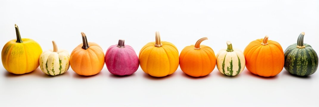 Border of autumn colorful pumpkins isolated on white, Halloween and Thanksgiving banner design.