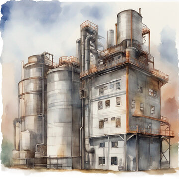 Industrial Factory Building - Watercolor Painting Drawing - Generative AI