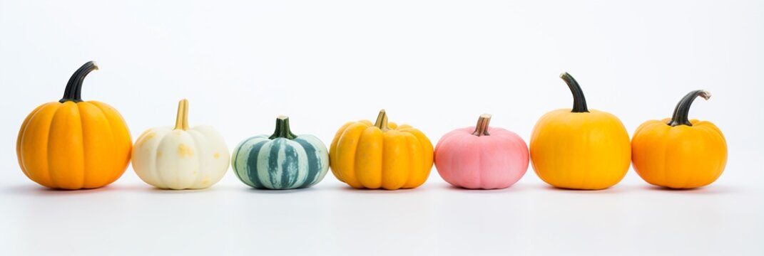 Border of autumn colorful pumpkins isolated on white, Halloween and Thanksgiving banner design.