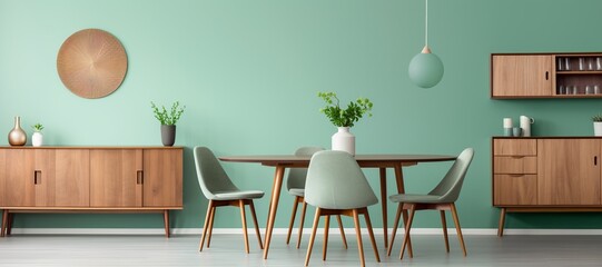 Mint color chairs at round wooden dining table in dining room with cabinet near green wall. Scandinavian, mid-century home interior design of modern living room.