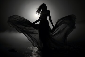 Mystical mysterious silhouette young woman girl. Fairytale witch dances magical ritual dance....