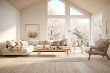 3D rendering of a spacious Scandinavian room with white walls, wooden floor, and a serene Nordic home interior. Generative AI
