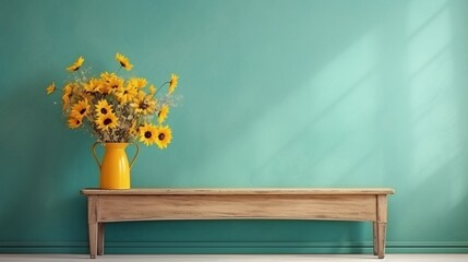 Wooden bench with yellow vase with bouquet of field flowers isolated on turquoise painted wall background, empty mock up with copy space.