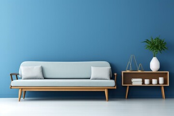Minimalistic living room with vintage sofa against blue wall, shelf, and white carpet; copy space. Generative AI
