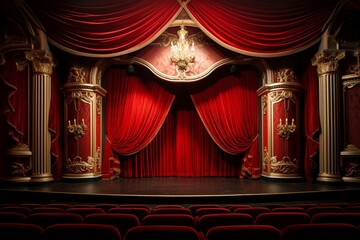 Dramatic red vintage theater with elegant stage props. Generative AI