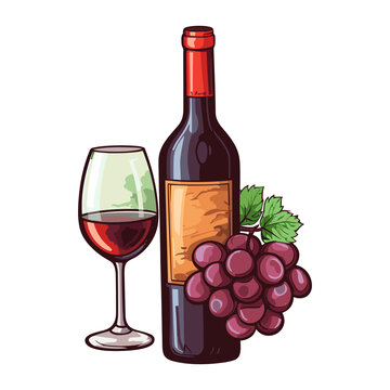 Wine bottle with glass and grapes