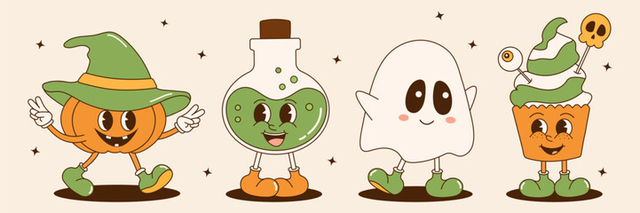 Groovy retro halloween sticker set. Trendy retro cartoon style. Comic halloween cartoon characters, mascots. Pumpkin, ghost, potion, cupcake