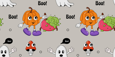 Bright seamless pattern for Halloween. Retro vintage pattern with pumpkin, potion, mushroom and ghost. 