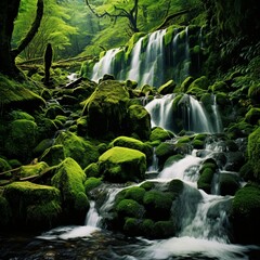 A lush green forest with moss-covered rocks and waterfalls cascading down, creating an enchanting...