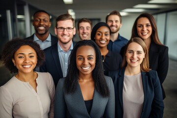 Fototapeta premium A multicultural business team beams with smiles as they face the camera within an office. 