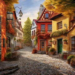 Fototapeta na wymiar a charming cobblestone street in a quaint European village with colorful buildings
