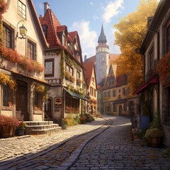 Fototapeta na wymiar a charming cobblestone street in a quaint European village with colorful buildings
