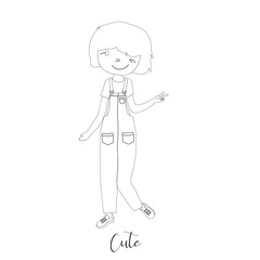 Cute girl in overall with winkle eye outline illustration vector isolated on white background. Emotions of the girl coloring illustration in kid drawing style.