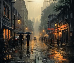 People walking in heavy rain with an umbrella from their back, bad autumn weather, wet puddles