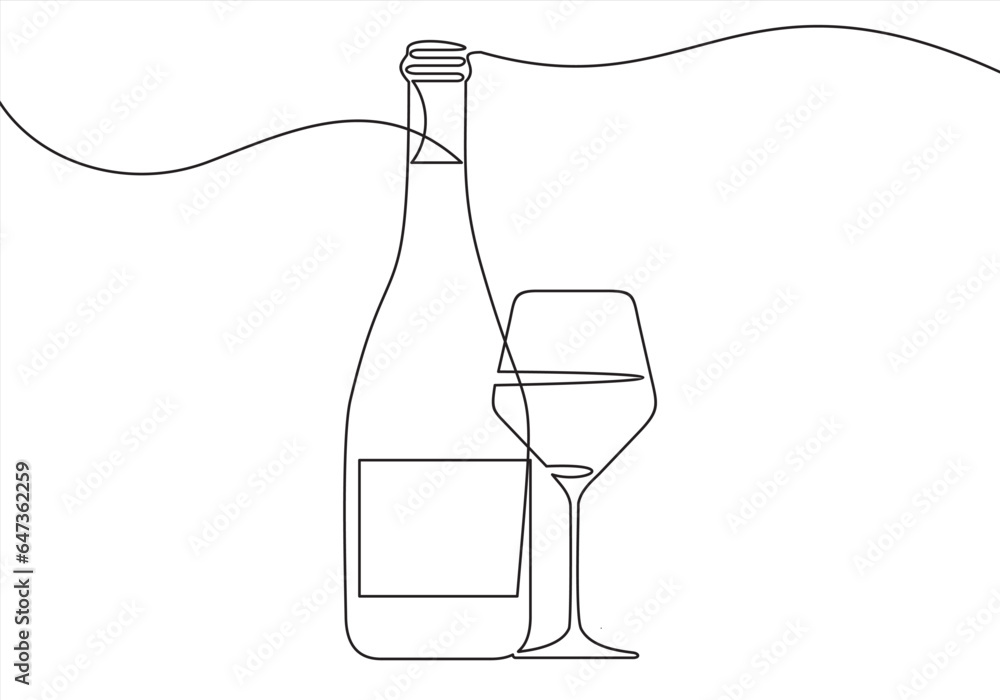 Aufkleber wine bottle and wine glass drawing with one continuous line. one continuous line of a bottle and win