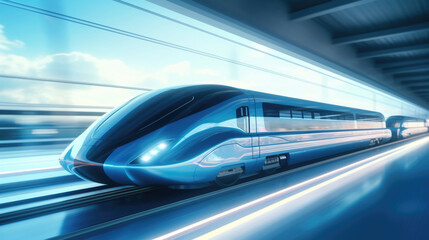 A futuristic concept of a high-speed magnetic levitation (maglev) train traveling at incredible speeds