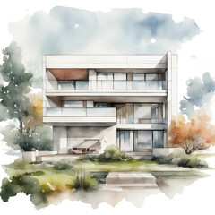 Modern House - Futuristic Apartment Architecture - Watercolor Painting Drawing - Generative AI