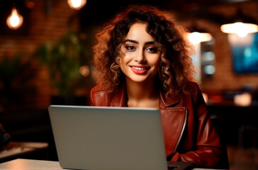 Smiling Latina brunette architect making a work call with a laptop from a coffee shop. AI Generated