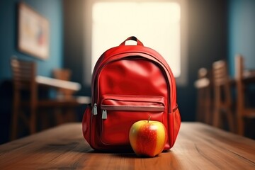 Back to school and happy time. Apple and backpack - obrazy, fototapety, plakaty