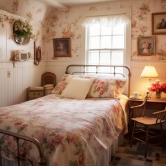 a cozy cottage-style bedroom with floral prints and a vintage charm