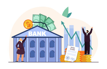 Business people happy about growing value of bank shares. Bank building with money and stock market growth chart, vector illustration. Finances, economy, banking, success concept