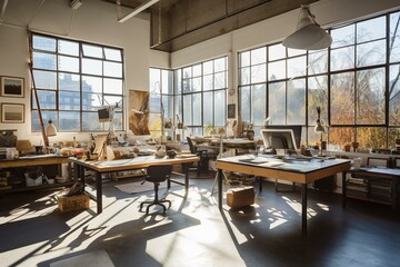 Well-lit workspace with shared space, natural light, and image holder. Generative AI