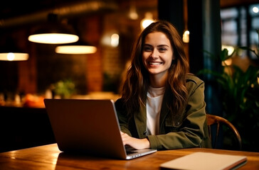 Young woman sitting on online meeting in outdoor cafe, talking to laptop camera, explaining something, drinking coffee. AI Generated