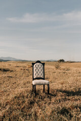 white chair in the middle of dry pastures on a sunny day. Chair in the middle of nature.