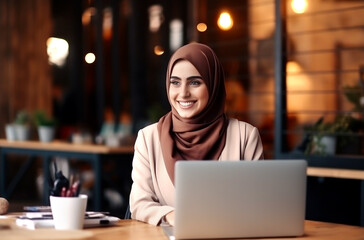 Fototapeta na wymiar Attractive millennial Asian Muslim businesswoman or female office worker wearing hijab having an online meeting or webinar with her team, waving hand to greet her coworker. AI Generated