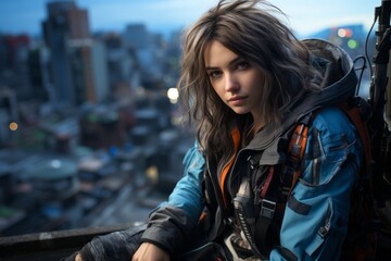 Photo of a futuristic cyberpunk woman enjoying the cityscape from a high ledge created with Generative AI technology