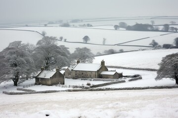 Naklejka premium Winter countryside with traditional farm buildings on snowy moors near Blanchland in England. Generative AI