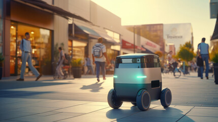 A delivery robot navigating sidewalks and delivering packages to customers doorsteps
