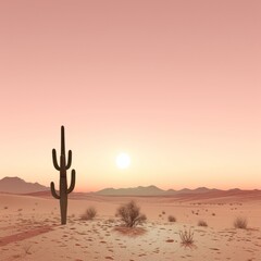 a minimalist desert landscape with a solitary cactus and a setting sun