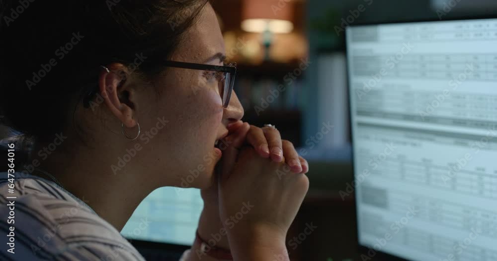 Poster Stress, computer and business woman at night with network problem, online issue and 404 error. Information technology, programming and female worker for planning, schedule and data analysis on screen