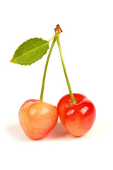 Light red sweet cherry with green leaves., side view isolated on white. Extrem close-up.