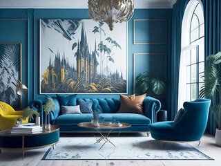 Beautiful living room blue light colorful decor and luxury house improvement, furniture, sofa, floral natural wall painting rt wall hanging picture, white and blue textiles. Generative AI