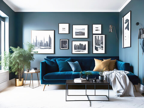 Beautiful living room blue light colorful decor and luxury house improvement, furniture, sofa, floral natural wall painting rt wall hanging picture, white and blue textiles. Generative AI
