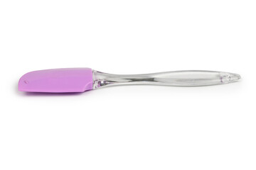 Pink rubber spatula, kitchen utensil. Isolated on white background. Side view.