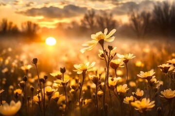 Flower in morning spring gold sunrise nature concept 
